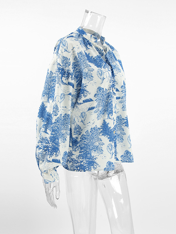Loose Puff Sleeves Floral Printed Pleated Split-Joint Stand Collar Blouses&Shirts Tops