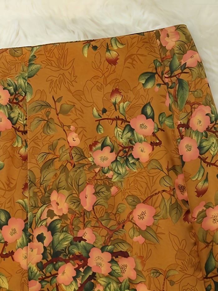 Floral Print High Waist Bodycon Skirt, Vintage Mermaid Hem Maxi Skirt For Spring & Summer, Women's Clothing