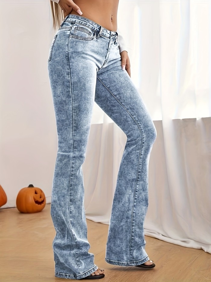 High Stretch Washed Bootcut Jeans, Slant Pockets Casual Denim Trousers, Women's Denim Jeans & Clothing