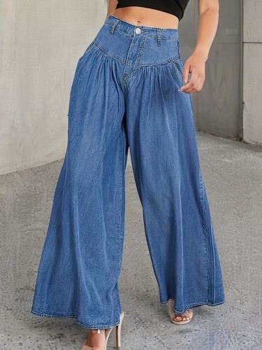 Plain Washed Blue Loose Fit Pleated Wide Leg Denim Pants, Women's Denim Jeans & Clothing