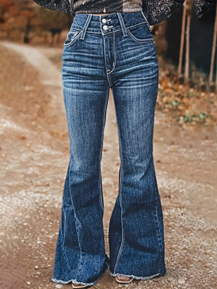 Women's Stretchy Denim Bell Bottom Jeans, Embroidered Flare Pants, Frayed Hem Jeans, Vintage Style For Fall