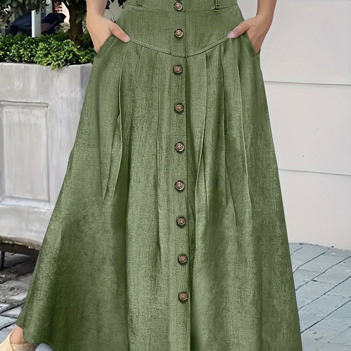 Dual Pocket Button Front Skirt, Casual Solid Color Loose Fit Skirt For Spring & Summer, Women's Clothing