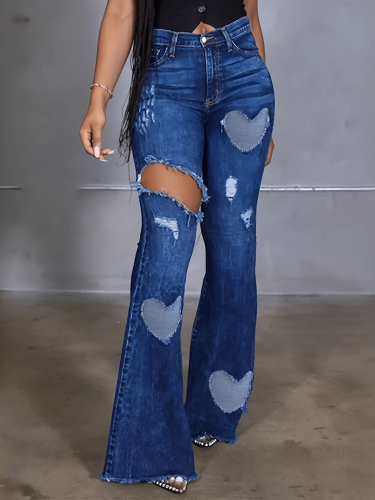 Women's High-Waisted Distressed Denim Jeans, Fashion Casual Solid Blue, Regular Fit Flared Pants with Heart-Shaped Cut-Outs, Street Style