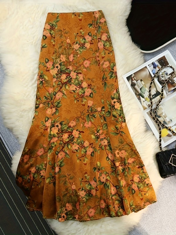 Floral Print High Waist Bodycon Skirt, Vintage Mermaid Hem Maxi Skirt For Spring & Summer, Women's Clothing