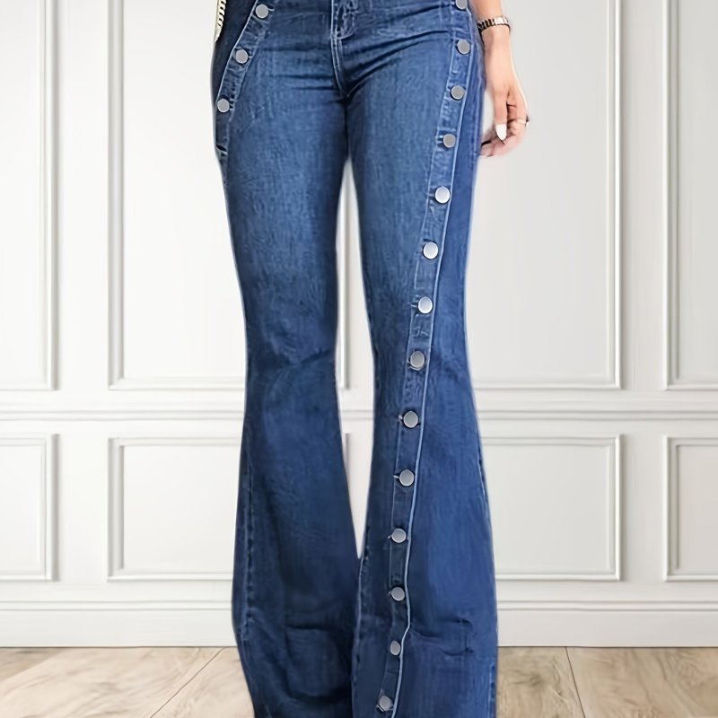 Plus Size Womens High Stretch Solid Color Flared Denim Jeans - Casual Regular Fit with Side Buttons, Machine Washable, All-Season Fashion Streetwear Pants
