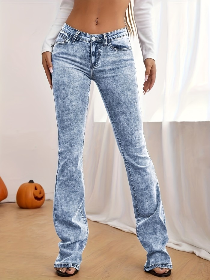 High Stretch Washed Bootcut Jeans, Slant Pockets Casual Denim Trousers, Women's Denim Jeans & Clothing