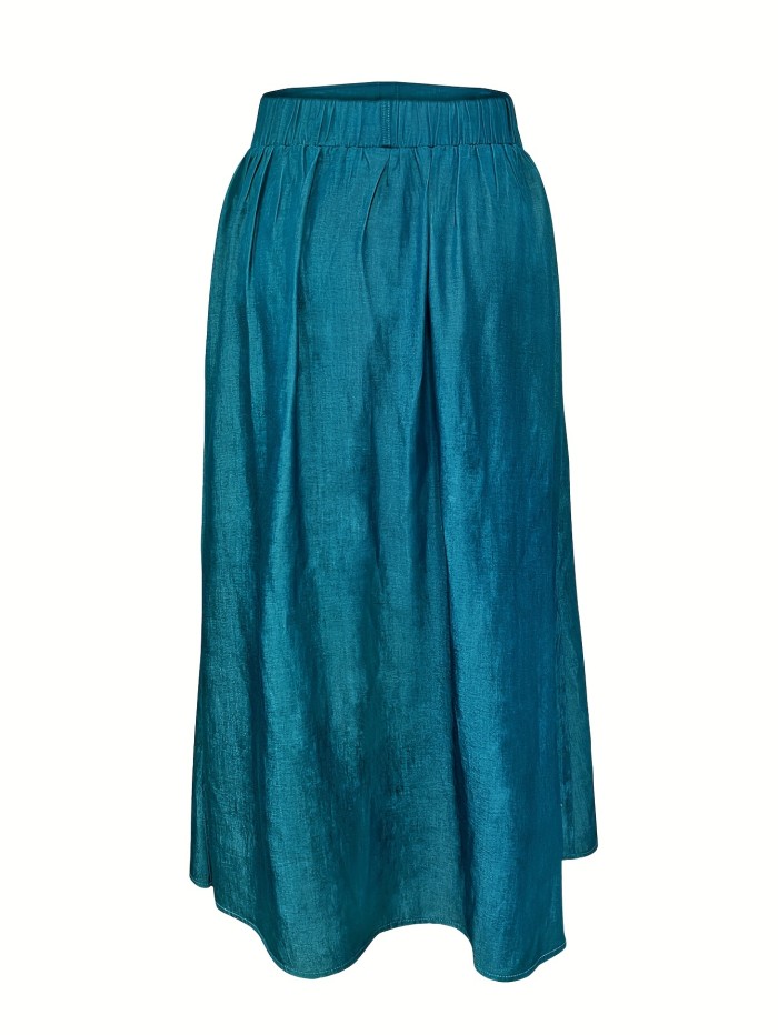 Dual Pocket Button Front Skirt, Casual Solid Color Loose Fit Skirt For Spring & Summer, Women's Clothing