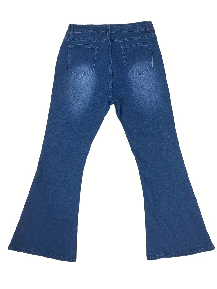 Plus Size Womens High Stretch Solid Color Flared Denim Jeans - Casual Regular Fit with Side Buttons, Machine Washable, All-Season Fashion Streetwear Pants