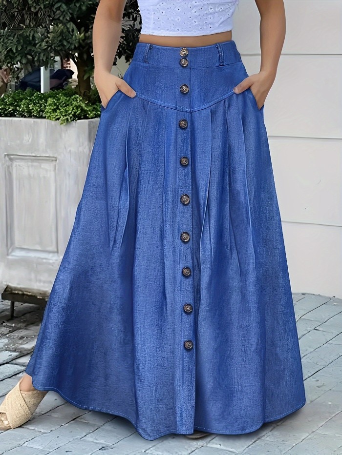 Dual Pocket Button Front Skirt, Casual Solid Color Loose Fit Skirt For Spring & Summer, Women's Clothing