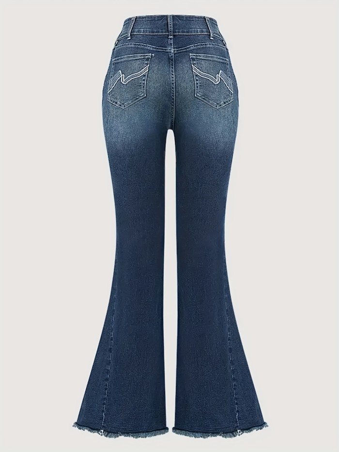 Women's Stretchy Denim Bell Bottom Jeans, Embroidered Flare Pants, Frayed Hem Jeans, Vintage Style For Fall