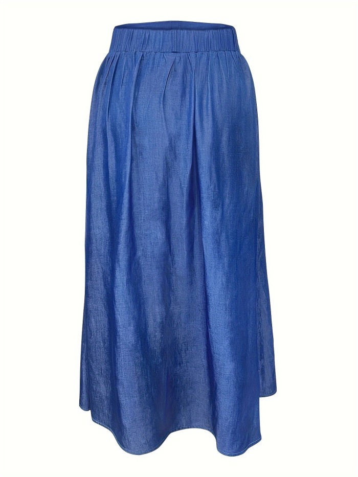 Dual Pocket Button Front Skirt, Casual Solid Color Loose Fit Skirt For Spring & Summer, Women's Clothing