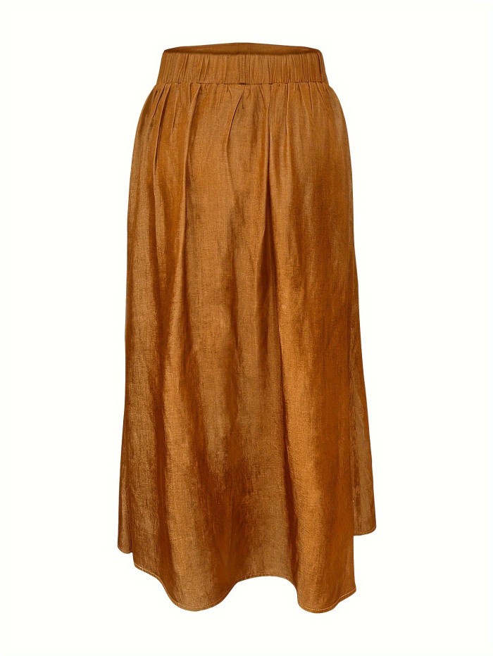 Dual Pocket Button Front Skirt, Casual Solid Color Loose Fit Skirt For Spring & Summer, Women's Clothing