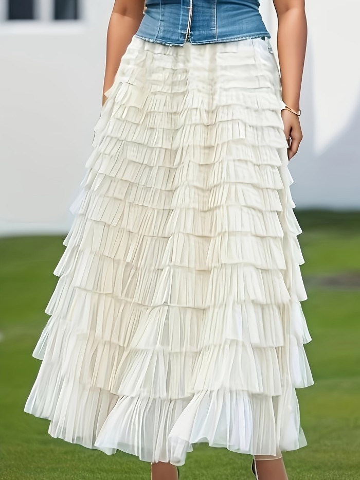 Multilayer Ruffles Tulle Skirt, Casual Fluffy Skirt For Spring & Summer, Women's Clothing