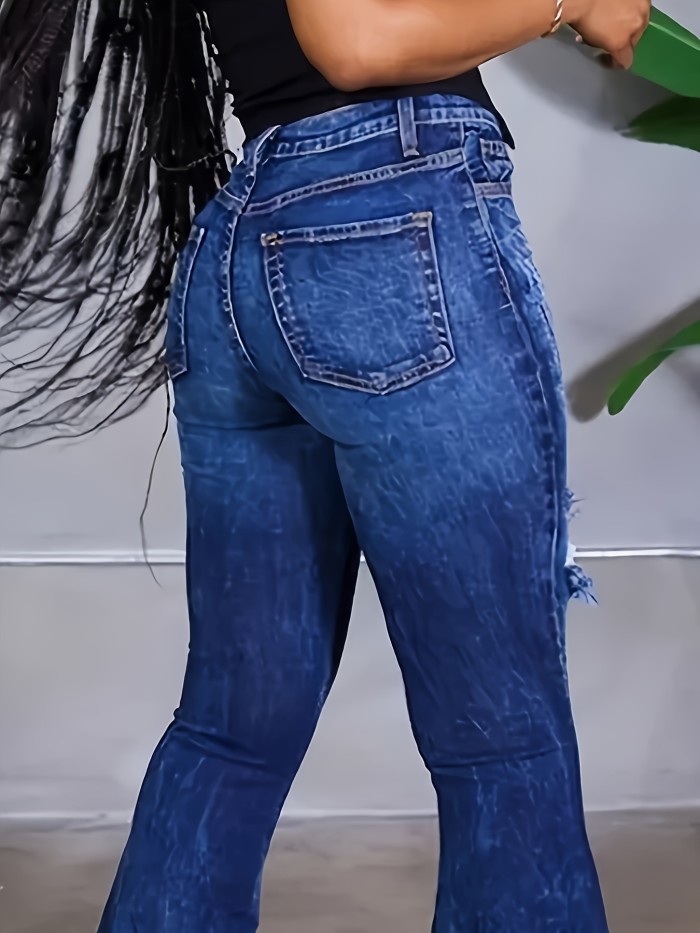 Women's High-Waisted Distressed Denim Jeans, Fashion Casual Solid Blue, Regular Fit Flared Pants with Heart-Shaped Cut-Outs, Street Style