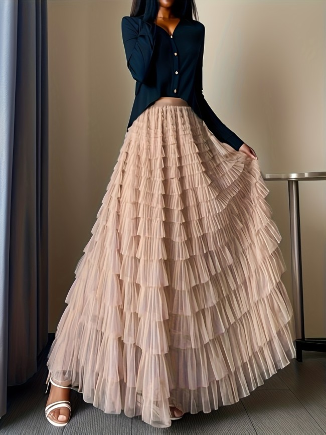 Multilayer Ruffles Tulle Skirt, Casual Fluffy Skirt For Spring & Summer, Women's Clothing