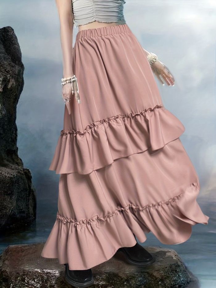 Ruffle Trim Tiered Skirt, Elegant Elastic Waist Layered Skirt, Women's Clothing