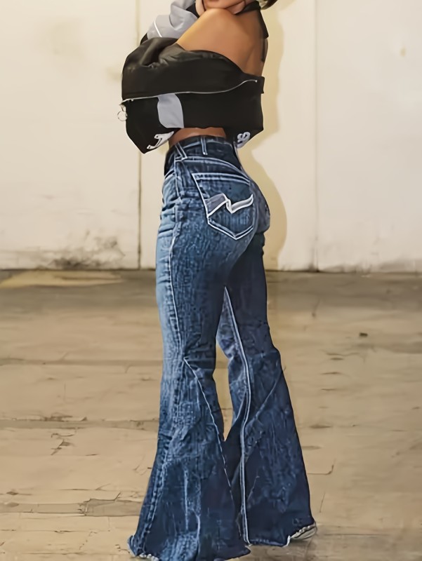 Women's Stretchy Denim Bell Bottom Jeans, Embroidered Flare Pants, Frayed Hem Jeans, Vintage Style For Fall