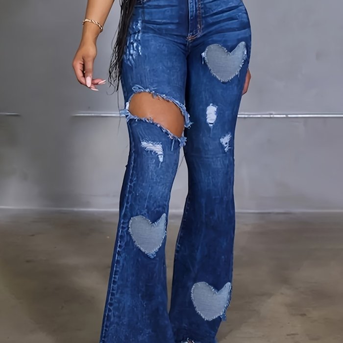 Women's High-Waisted Distressed Denim Jeans, Fashion Casual Solid Blue, Regular Fit Flared Pants with Heart-Shaped Cut-Outs, Street Style