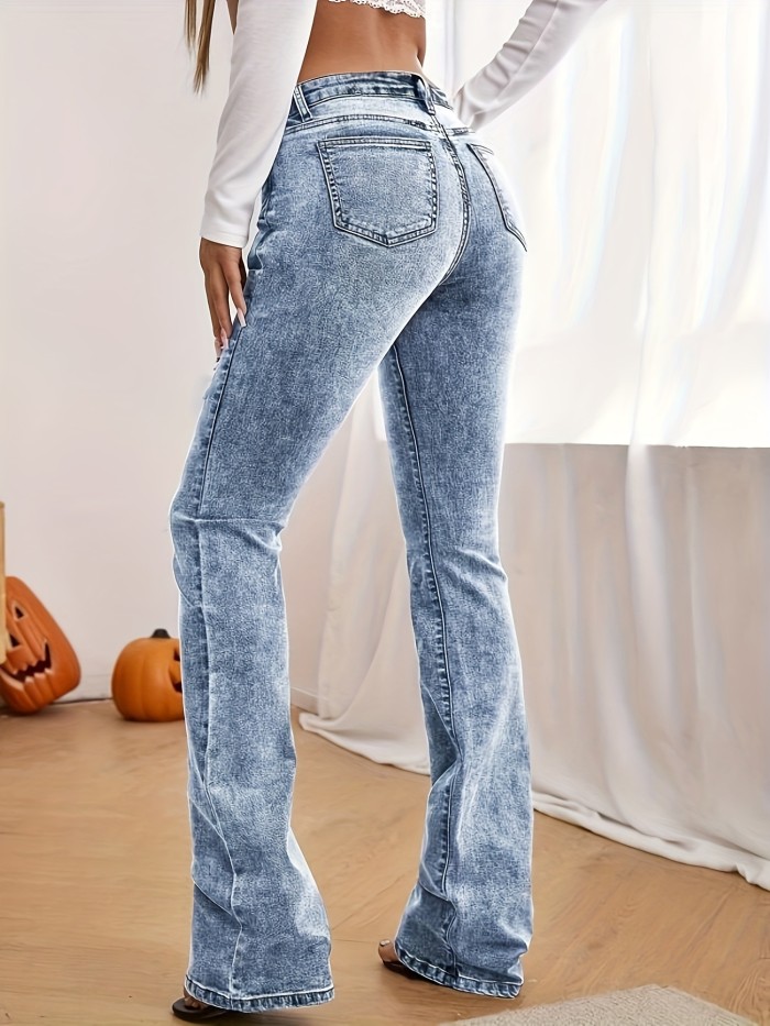 High Stretch Washed Bootcut Jeans, Slant Pockets Casual Denim Trousers, Women's Denim Jeans & Clothing