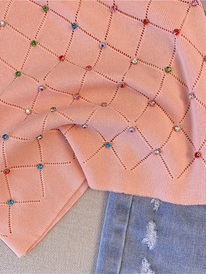 Colorful Rhinestone Knitted Tank Top, Casual Crew Neck Sleeveless Tank Top For Summer, Women's Clothing