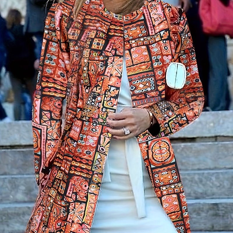 Bohemian Geometric Print Casual Women's Jacket - 100% Polyester Crew Neck Open Front Coat with Pockets for Spring\u002FFall