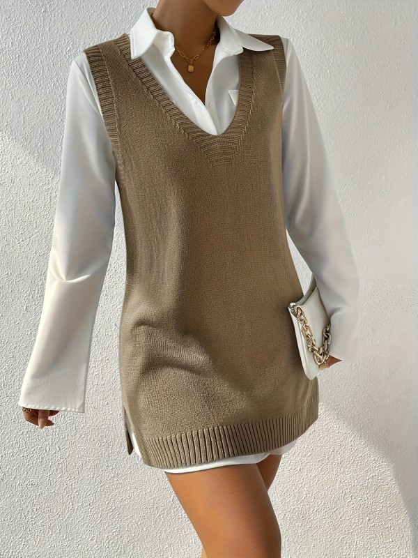 Solid V Neck Knitted Vest, Elegant Sleeveless Bag Hip Sweater Vest, Women's Clothing