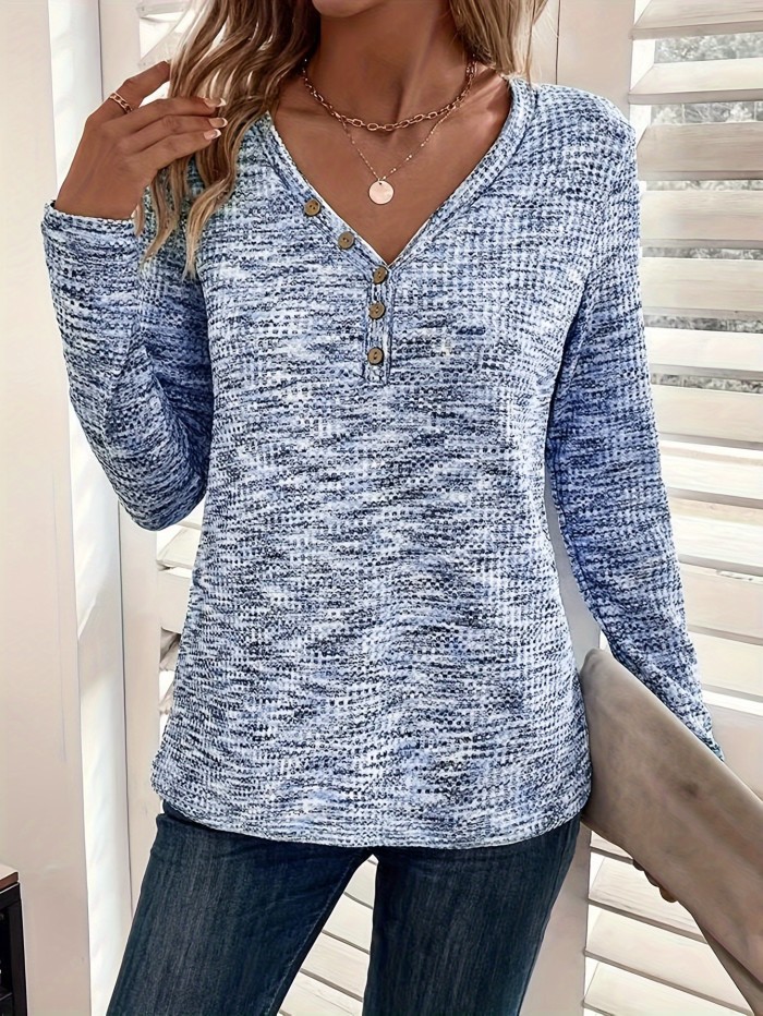 Solid V Neck Button Decor T-shirt, Elegant Long Sleeve Top For Spring & Fall, Women's Clothing