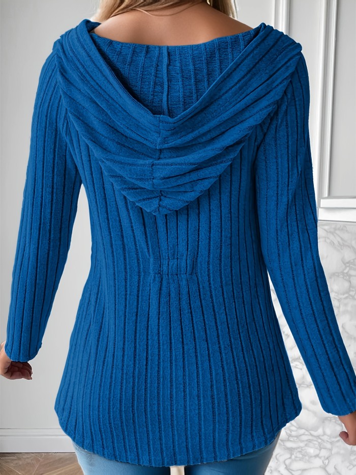 Button Front Long Sleeve Hoodie, Casual Solid Color Ribbed Hoodie For Spring & Fall, Women's Clothing