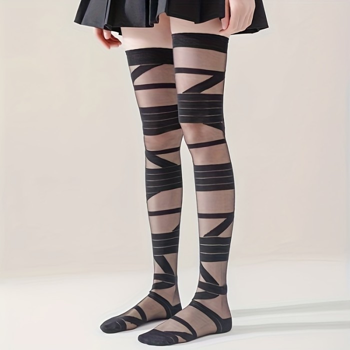 2 Pairs Strappy Pattern Stockings - Smooth, Soft, and Stretchy Over The Knee Socks with Lettuce Trim - Womens Polyamide Knit Fabric Hosiery for Everyday Wear