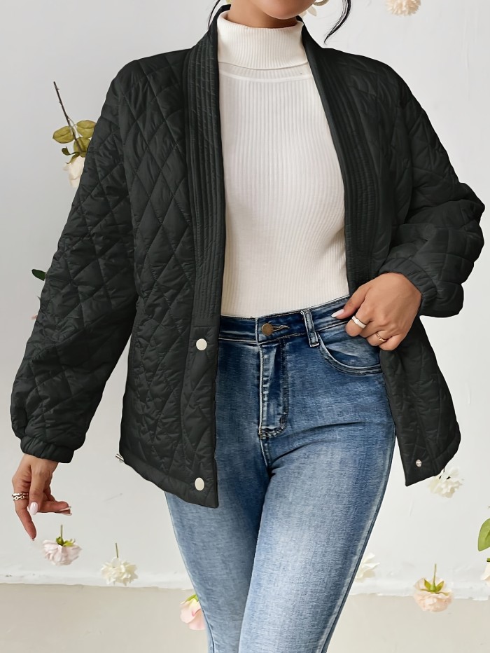 Button Front Long Sleeve Down Jacket, Casual Solid Color Quilted Down Jacket For Fall & Winter, Women's Clothing