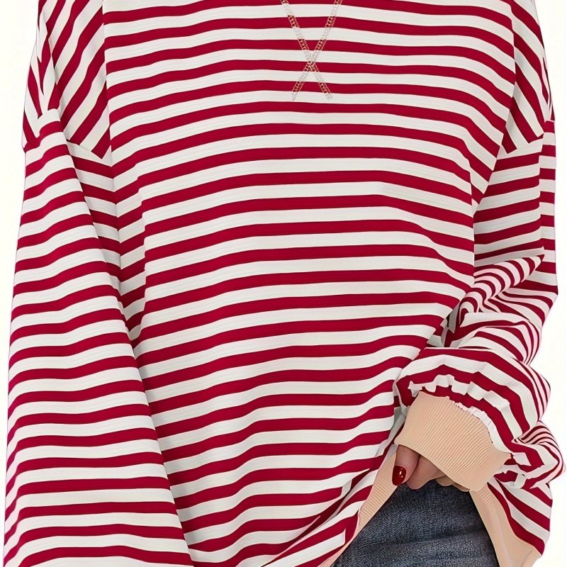 Striped Drop Shoulder Pullover Sweatshirt, Casual Long Sleeve Crew Neck Sweatshirt For Fall & Winter, Women's Clothing