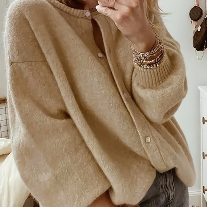 Women's Polyester Knit Cardigan With Round Neck, Long Sleeve, Zipper Closure, Acrylic And Nylon Blend, Autumn And Winter Fashion