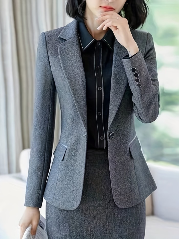 Solid Button Front Blazer, Elegant Lapel Long Sleeve Blazer For Office & Work, Women's Clothing