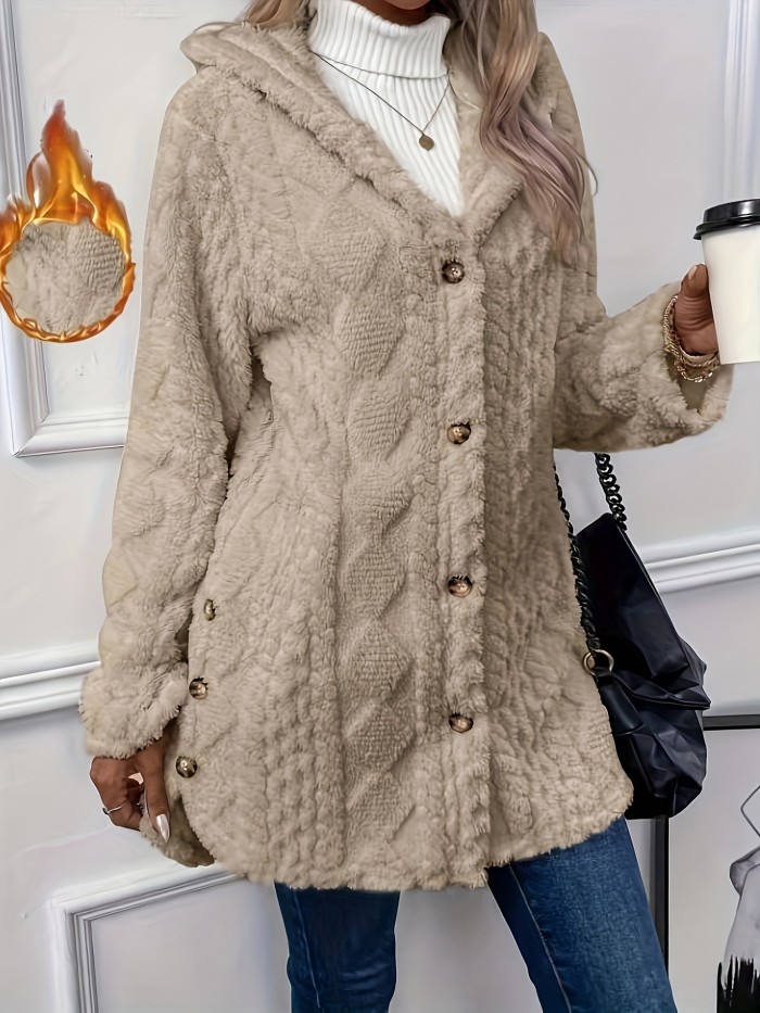 Solid Button Up Hooded Teddy Coat, Elegant Long Sleeve Split Side Faux Fur Outwear, Women's Clothing