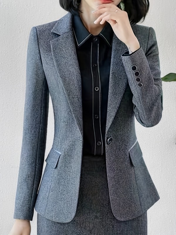 Solid Button Front Blazer, Elegant Lapel Long Sleeve Blazer For Office & Work, Women's Clothing