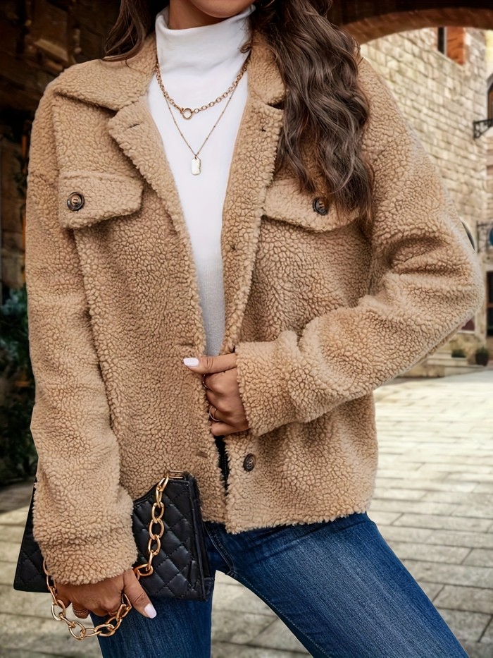 Button Front Long Sleeve Jacket, Casual Solid Color Lapel Drop Shoulder Jacket For Fall, Women's Clothing