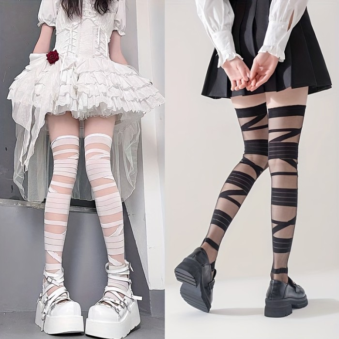 2 Pairs Strappy Pattern Stockings - Smooth, Soft, and Stretchy Over The Knee Socks with Lettuce Trim - Womens Polyamide Knit Fabric Hosiery for Everyday Wear