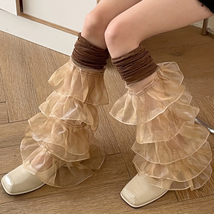 Ruffle Mesh Leg Warmers, Lace Stitching Sweet Socks, Women's Stockings & Hosiery