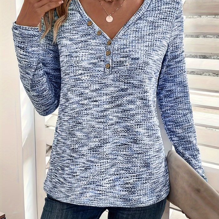 Solid V Neck Button Decor T-shirt, Elegant Long Sleeve Top For Spring & Fall, Women's Clothing