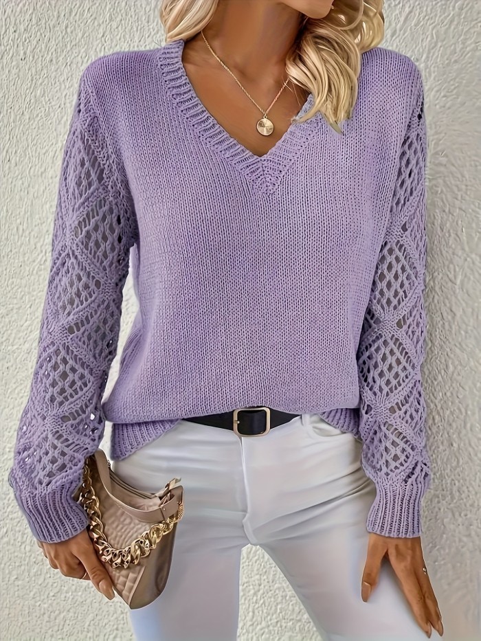 Solid Pointelle Detail Knitted Sweater, Elegant V-neck Long Sleeve Pullover, Women's Clothing