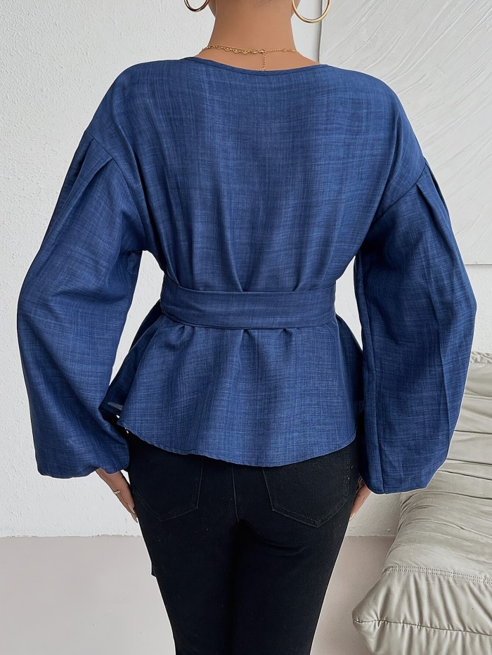Elegant Polyester Blouse With Cross-Over Neckline, Long Sleeve, And Belted Waist, Suitable For Spring, Summer, And Fall