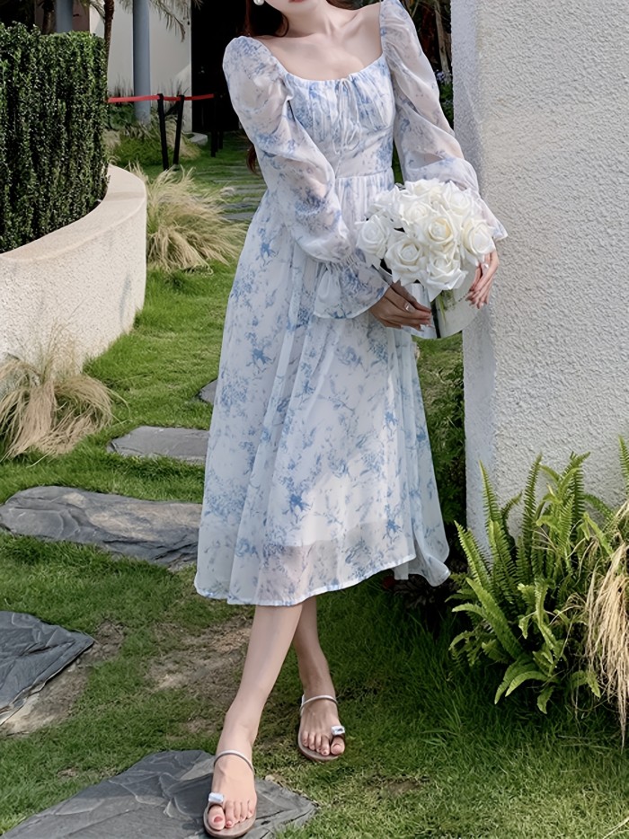 Floral Print Square Neck Dress, Elegant Ruffle Hem Aline Long Sleeve Dress For Spring & Fall, Women's Clothing