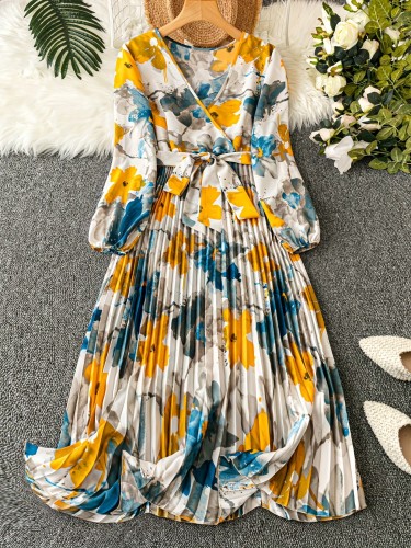 Floral Print Belted Pleated Dress, Elegant Long Sleeve V-neck Aline Dress For Spring & Fall, Women's Clothing