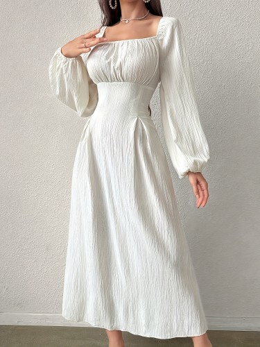 Textured Cross Tie Lantern Sleeve Dress, Elegant Square Neck Solid Color Midi Romantic Dress, Women's Clothing