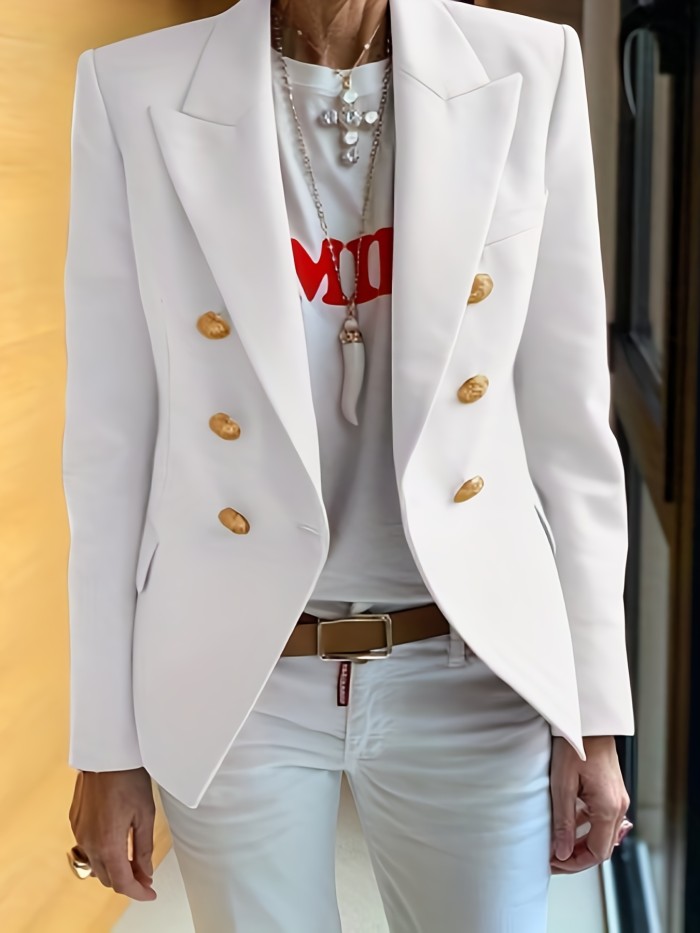 Lapel Double Breasted Blazer, Elegant Long Sleeve Solid Open Front Work Office Outerwear, Women's Clothing