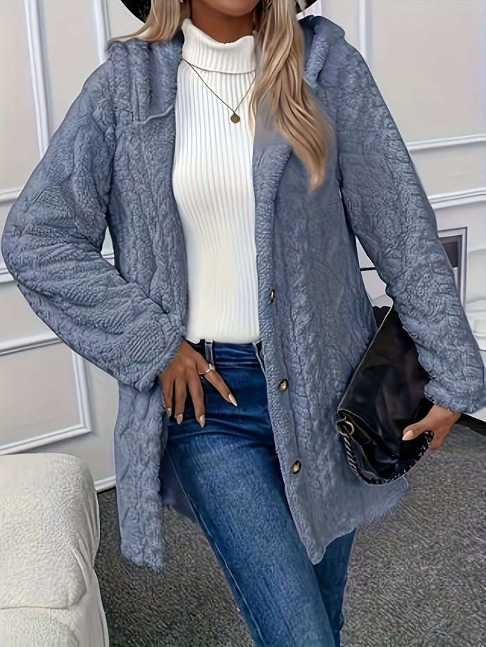 Solid Button Up Hooded Teddy Coat, Elegant Long Sleeve Split Side Faux Fur Outwear, Women's Clothing