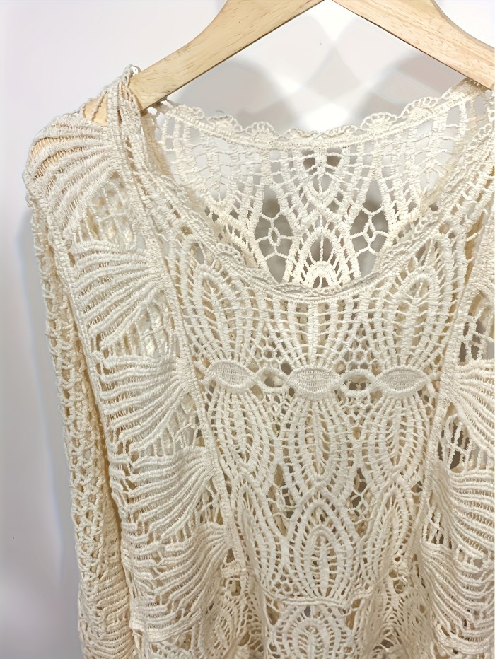 Crochet Cover Up Knitted Top, Casual Long Sleeve Hollow Out Sweater, Women's Clothing