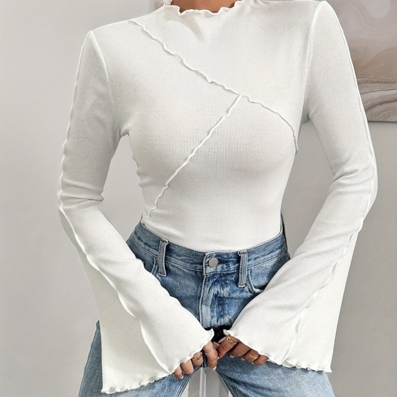 Lettuce Trim Long Flare Sleeve Top, Y2K Mock Neck Slim Top For Spring & Fall, Women's Clothing