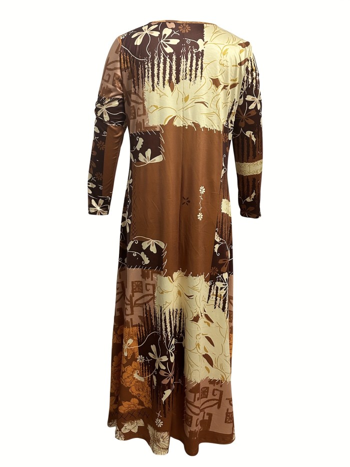 Vibrant Floral Print Pendulum Maxi Dress - Soft Micro Elasticity, Crew Neck, Long Sleeve, Machine Washable - Perfect for Spring and Fall, Casual Womens Clothing