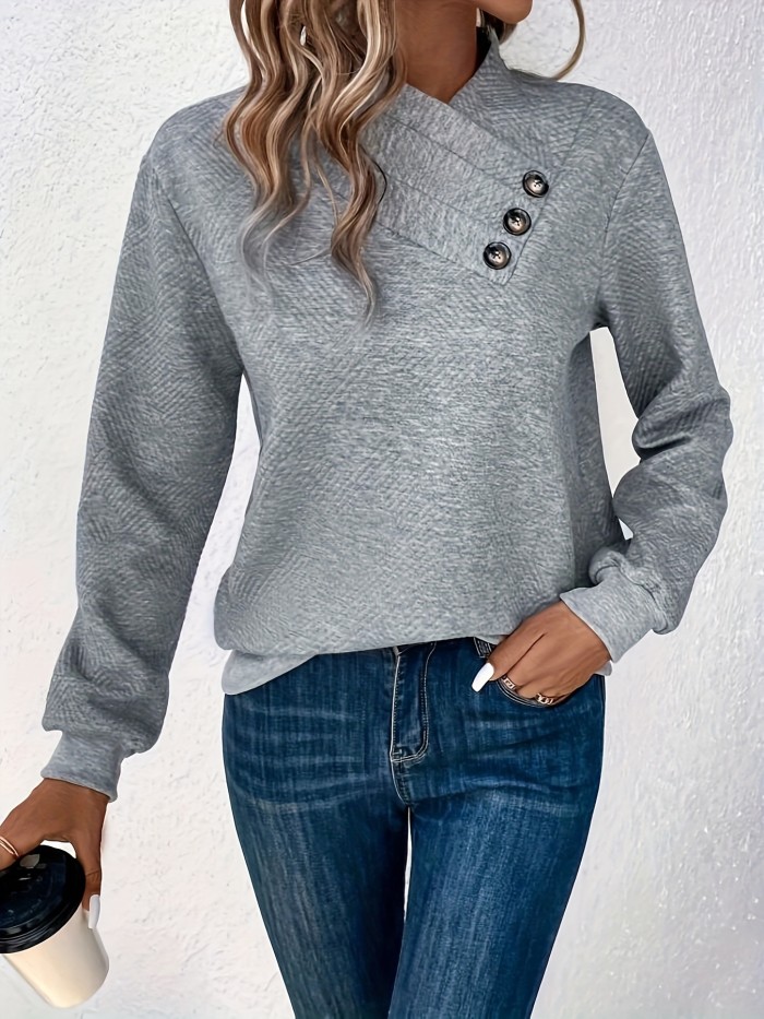 Stylish Button-Embellished Pullover - Cozy Long Sleeve Sweatshirt for Fall\u002FWinter - Versatile Women's Fashion